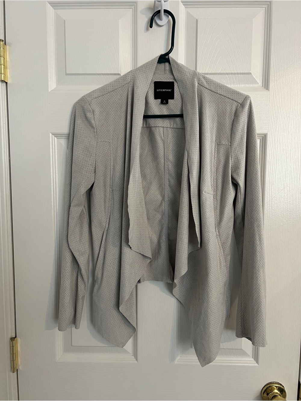Liverpool Faux Suede Drape Open Front Jacket Gray Perforated Waterfall Small